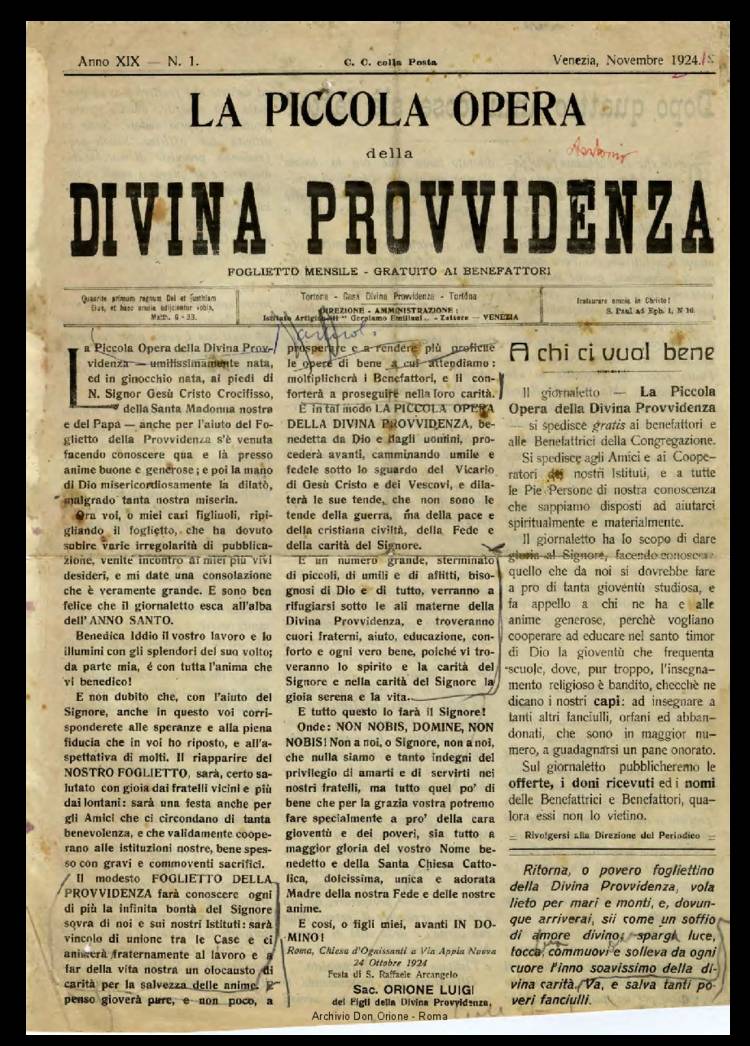 La piccola Opera della Divina Provvidenza, 19, 01, 01-11-1924, pagina 1