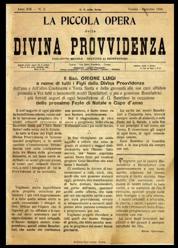 La piccola Opera della Divina Provvidenza, 19, 02, 01-12-1924, pagina 1