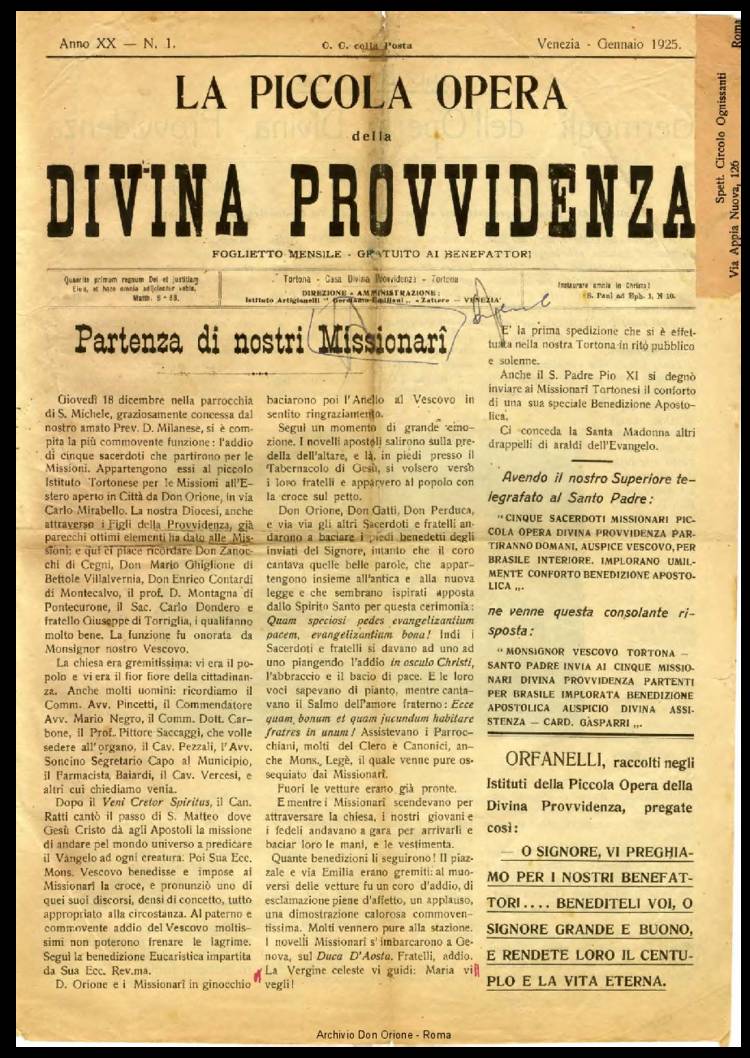 La piccola Opera della Divina Provvidenza, 20, 01, 01-01-1925, pagina 1