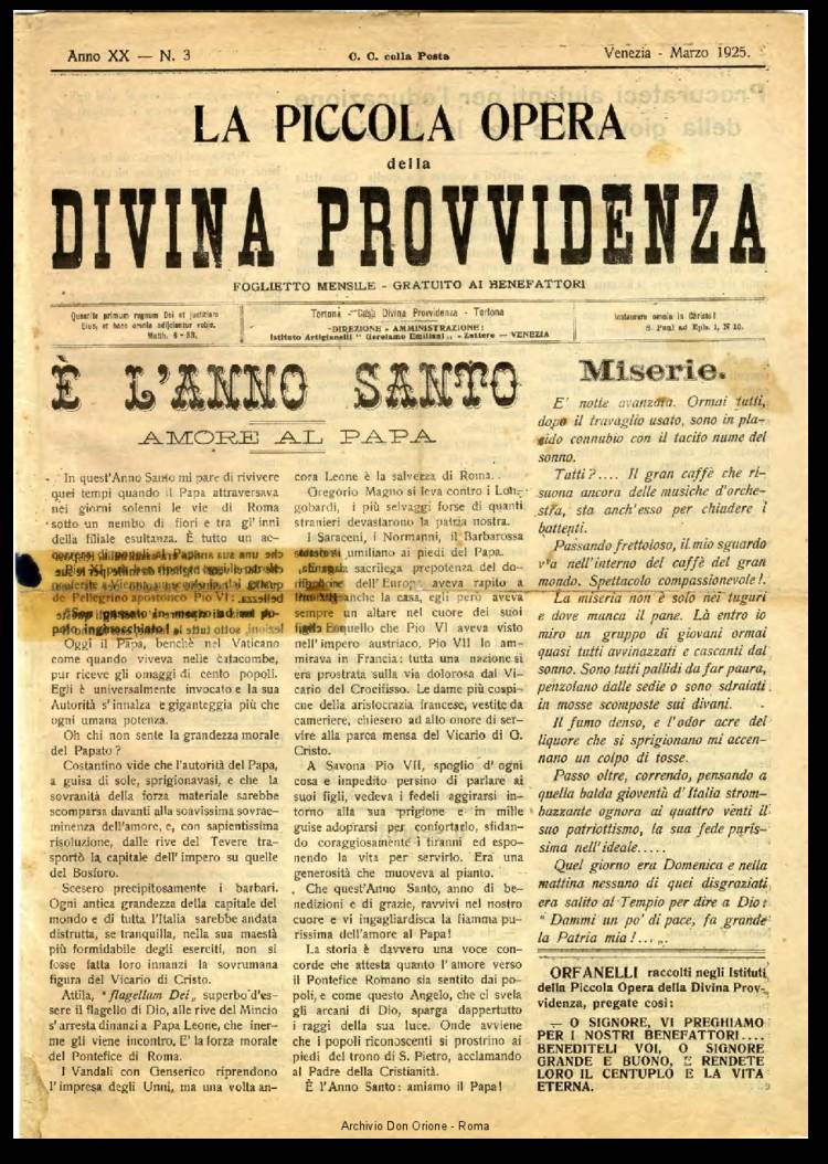 La piccola Opera della Divina Provvidenza, 20, 03, 01-03-1925, pagina 1