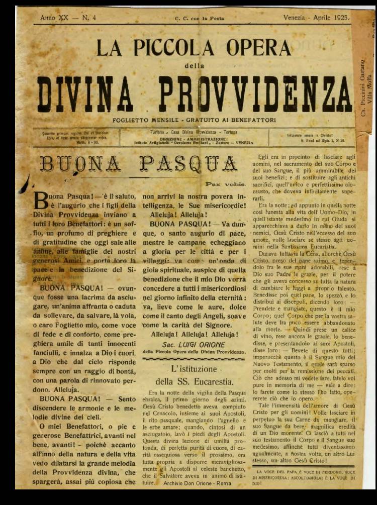 La piccola Opera della Divina Provvidenza, 20, 04, 01-04-1925, pagina 1