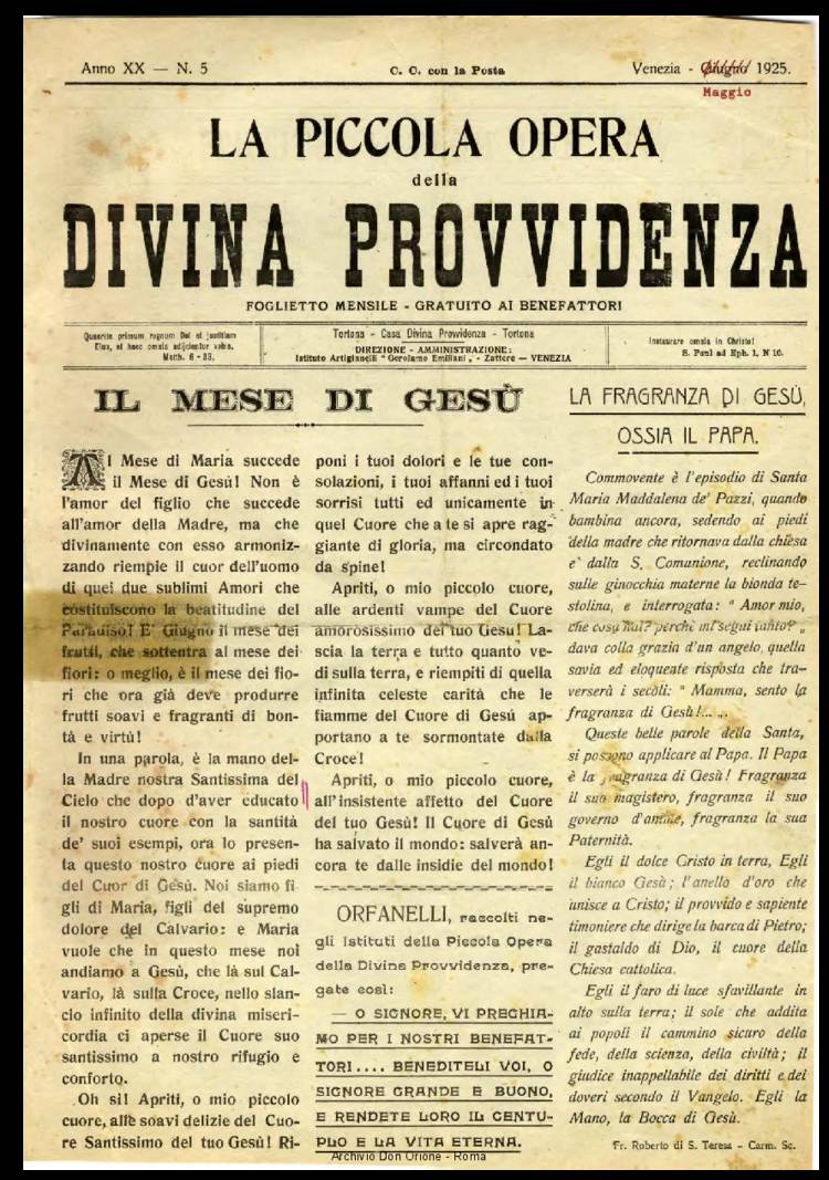 La piccola Opera della Divina Provvidenza, 20, 05, 01-05-1925, pagina 1