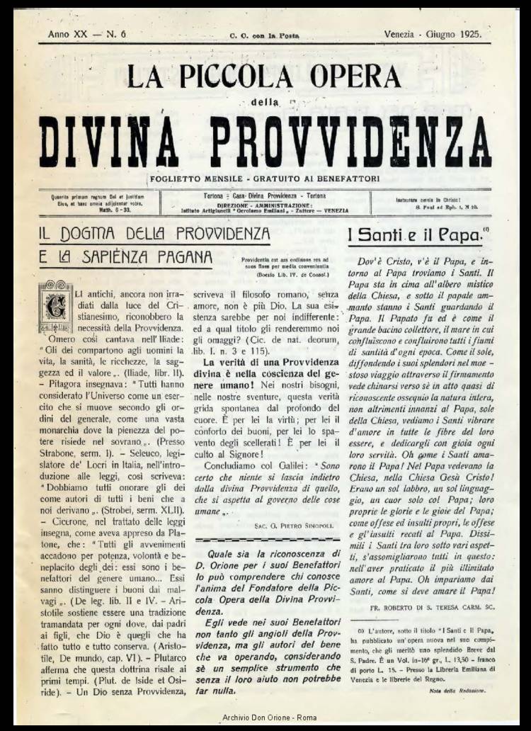 La piccola Opera della Divina Provvidenza, 20, 06, 01-06-1925, pagina 1