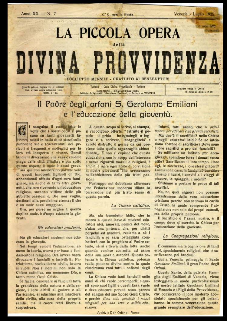 La piccola Opera della Divina Provvidenza, 20, 07, 01-07-1925, pagina 1