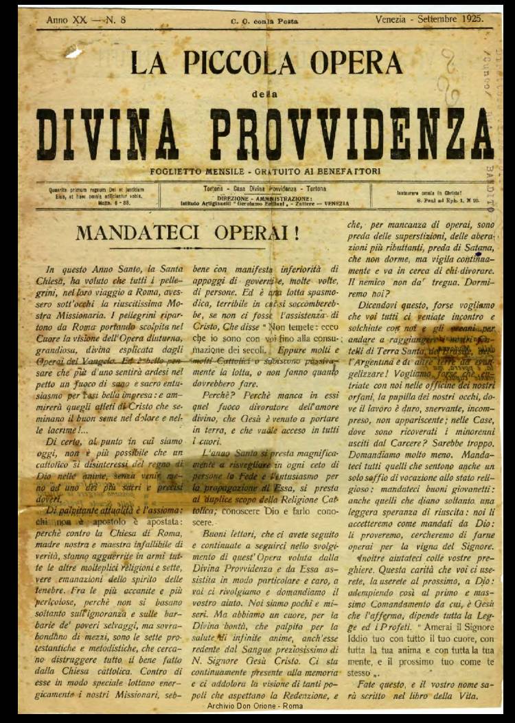La piccola Opera della Divina Provvidenza, 20, 08, 01-08-1925, pagina 1