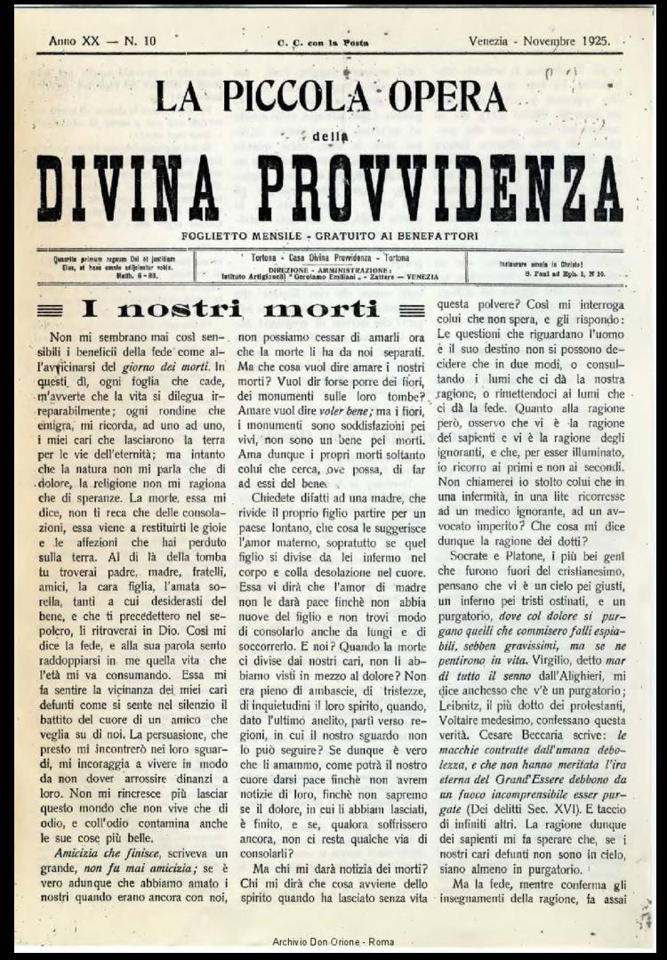 La piccola Opera della Divina Provvidenza, 20, 10, 01-11-1925, pagina 1