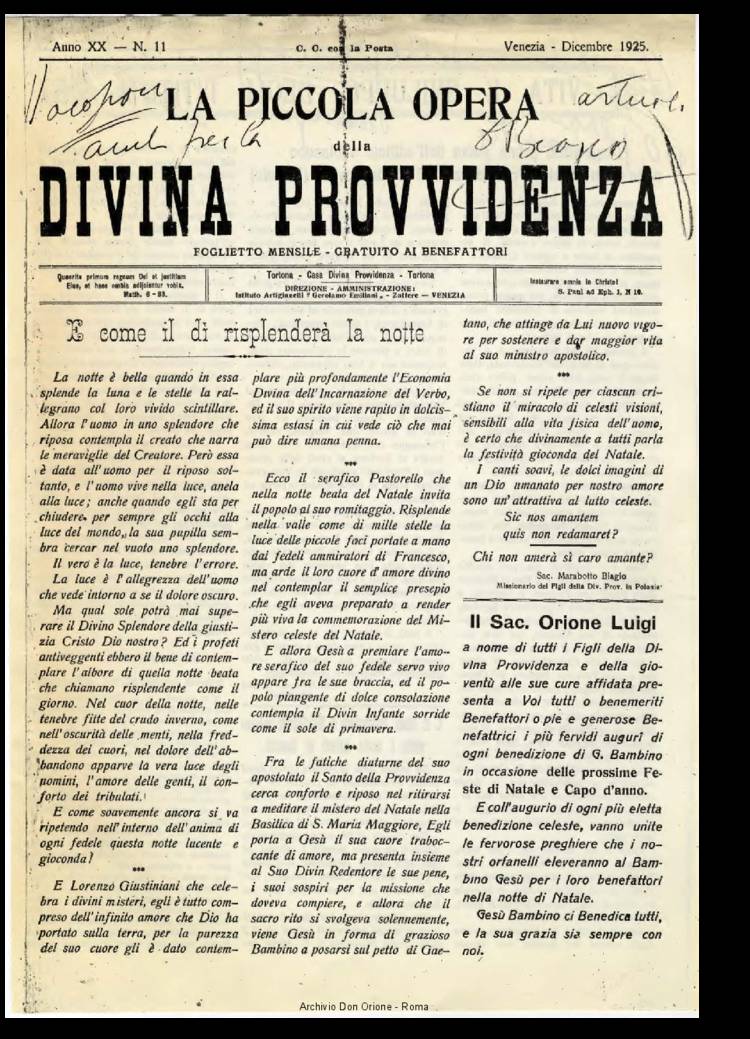 La piccola Opera della Divina Provvidenza, 20, 11, 01-12-1925, pagina 1