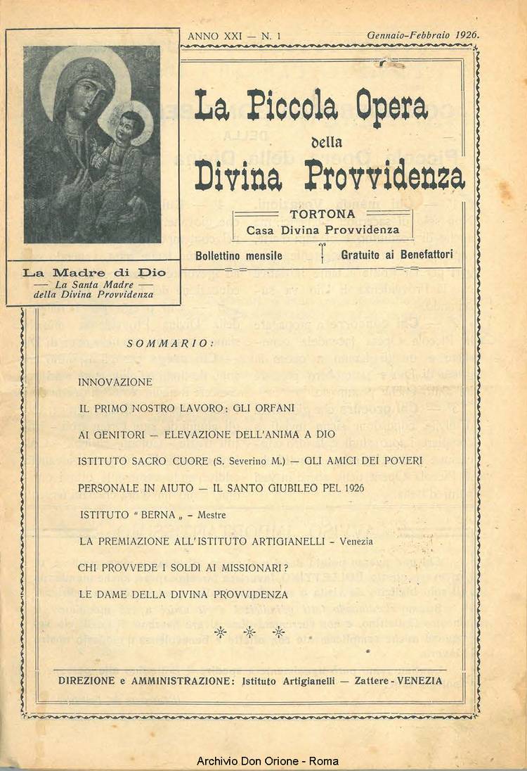La piccola Opera della Divina Provvidenza, 21, 01, 01-02-1926, pagina 1