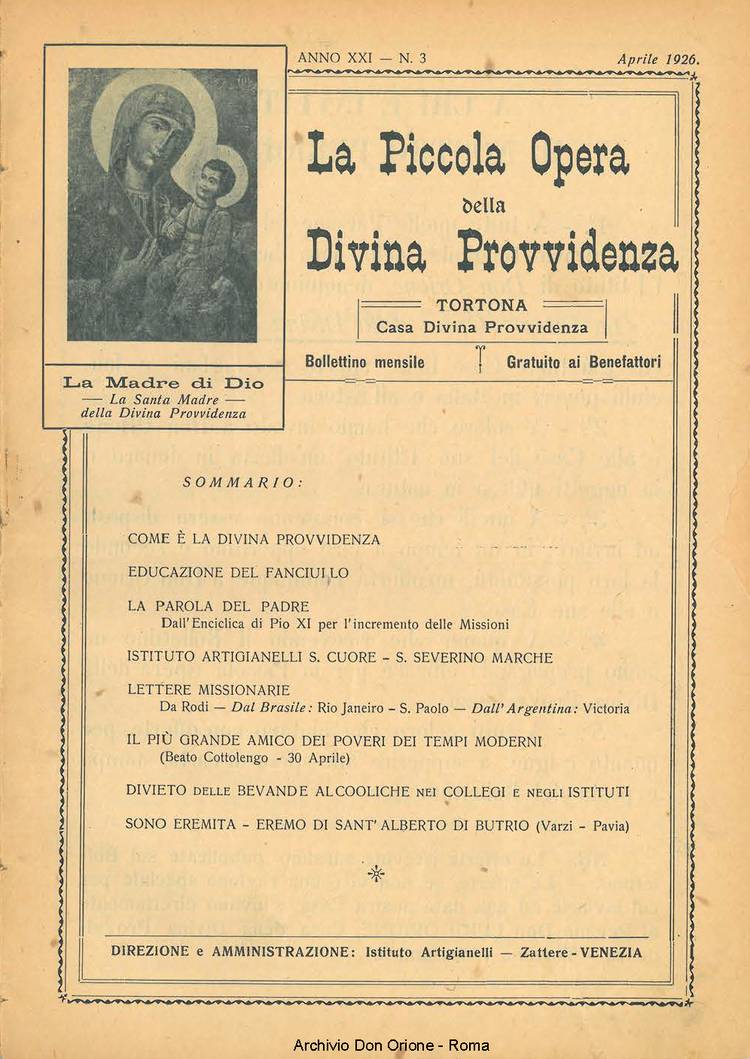 La piccola Opera della Divina Provvidenza, 21, 03, 01-04-1926, pagina 1