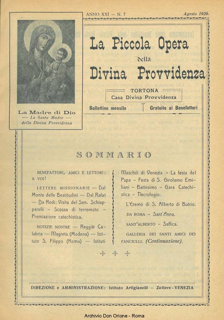 La piccola Opera della Divina Provvidenza, 21, 07, 01-08-1926, pagina 1