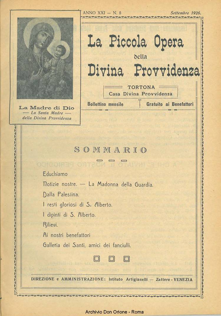 La piccola Opera della Divina Provvidenza, 21, 08, 01-09-1926, pagina 1