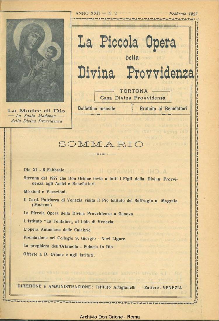 La piccola Opera della Divina Provvidenza, 22, 02, 01-02-1927, pagina 1