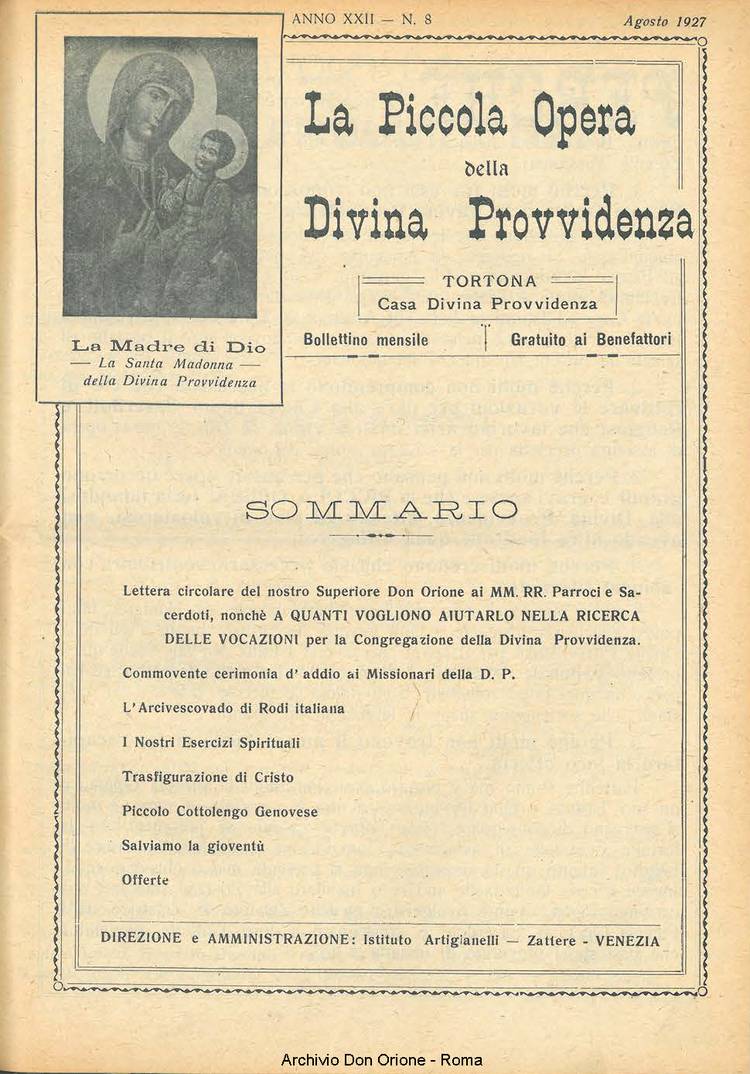 La piccola Opera della Divina Provvidenza, 22, 08, 01-08-1927, pagina 1