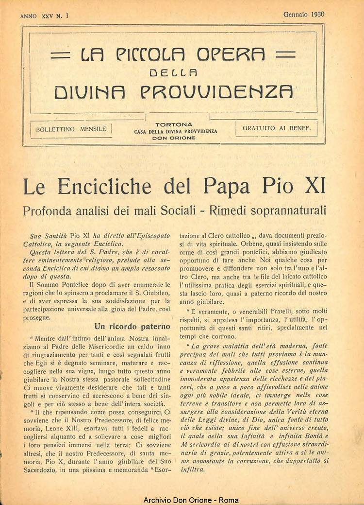 La piccola Opera della Divina Provvidenza, 25, 01, 01-01-1930, pagina 1