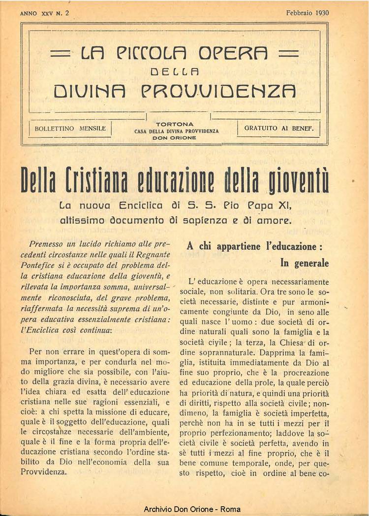 La piccola Opera della Divina Provvidenza, 25, 02, 01-02-1930, pagina 1