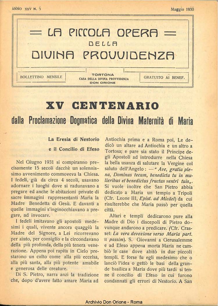 La piccola Opera della Divina Provvidenza, 25, 05, 01-05-1930, pagina 1