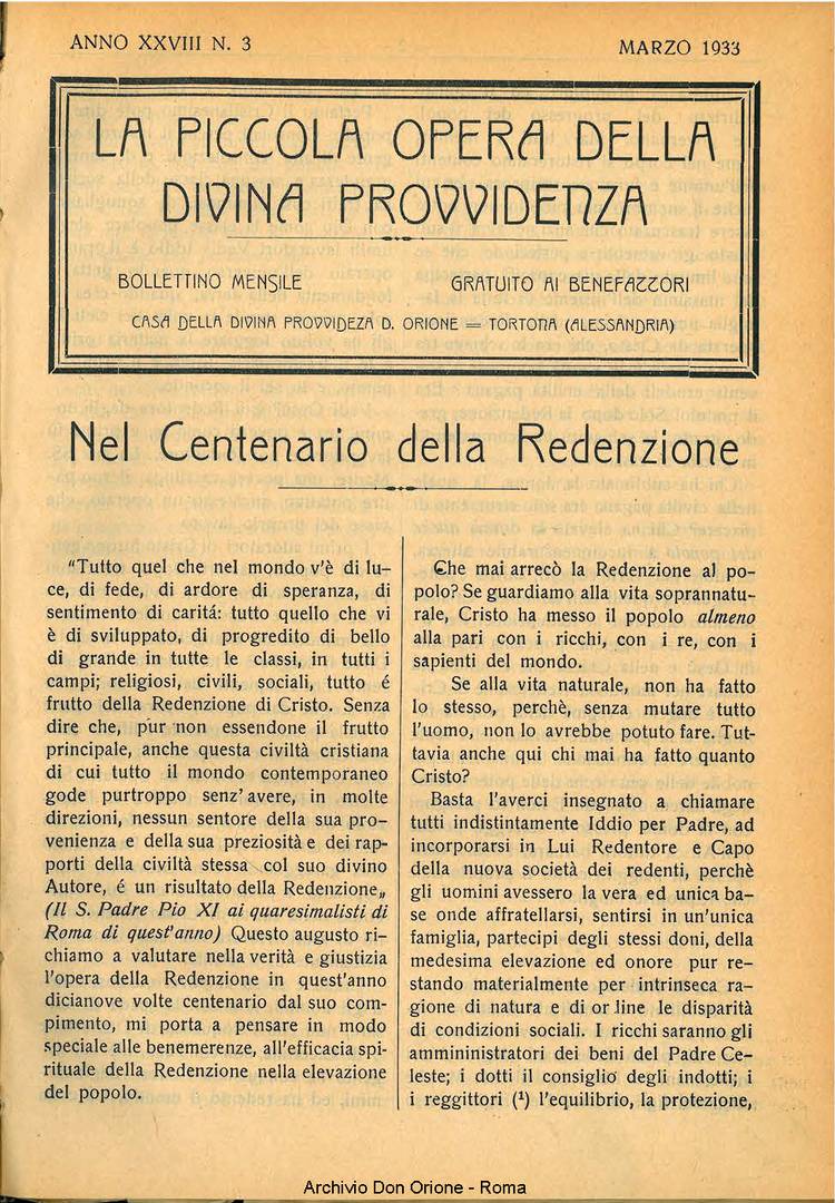 La piccola Opera della Divina Provvidenza, 28, 03, 01-03-1933, pagina 1