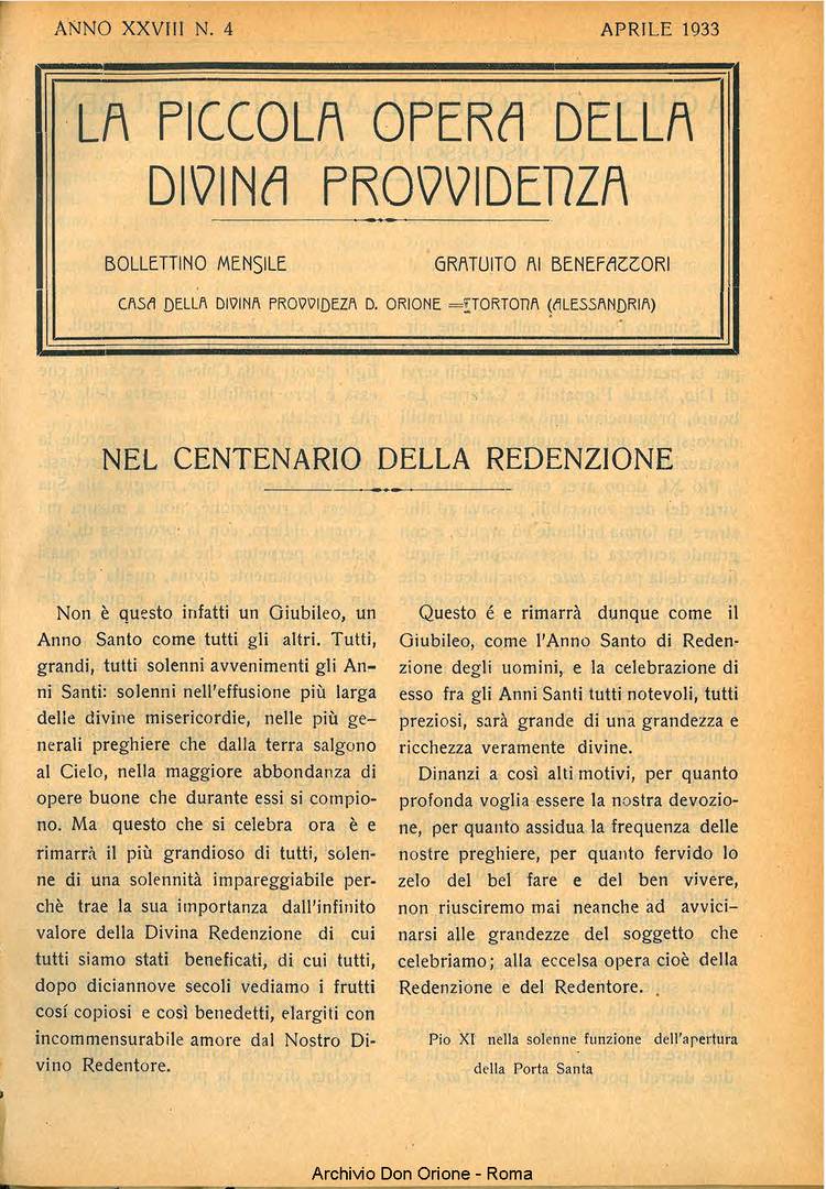 La piccola Opera della Divina Provvidenza, 28, 04, 01-04-1933, pagina 1
