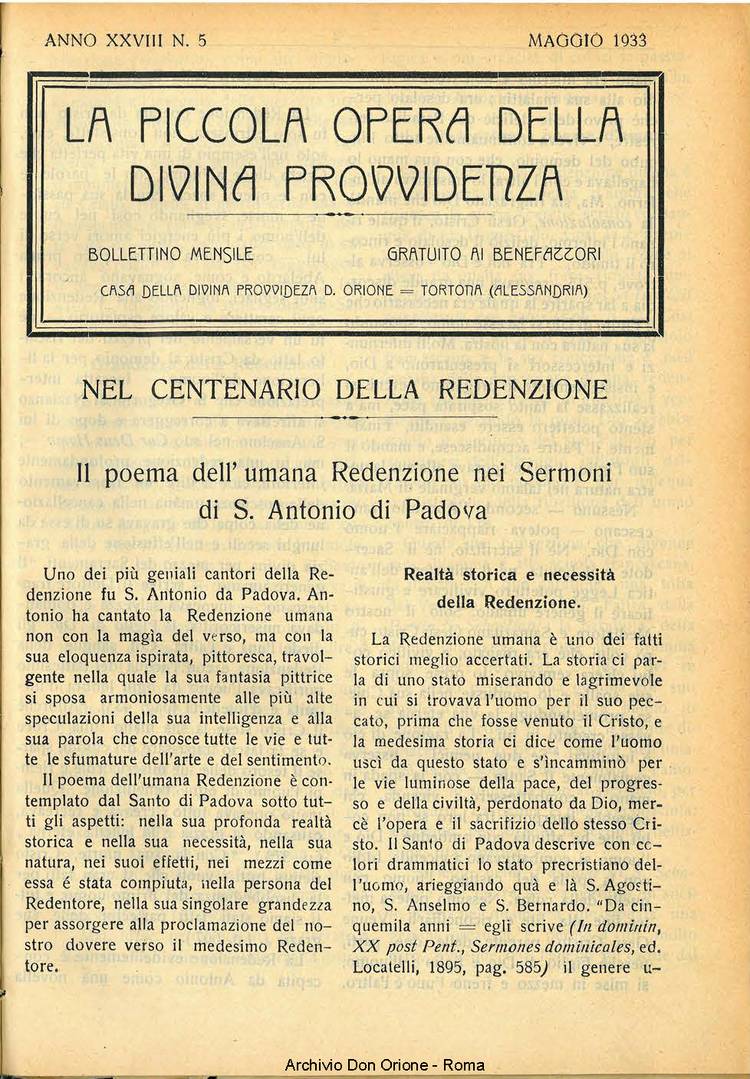 La piccola Opera della Divina Provvidenza, 28, 05, 01-05-1933, pagina 1