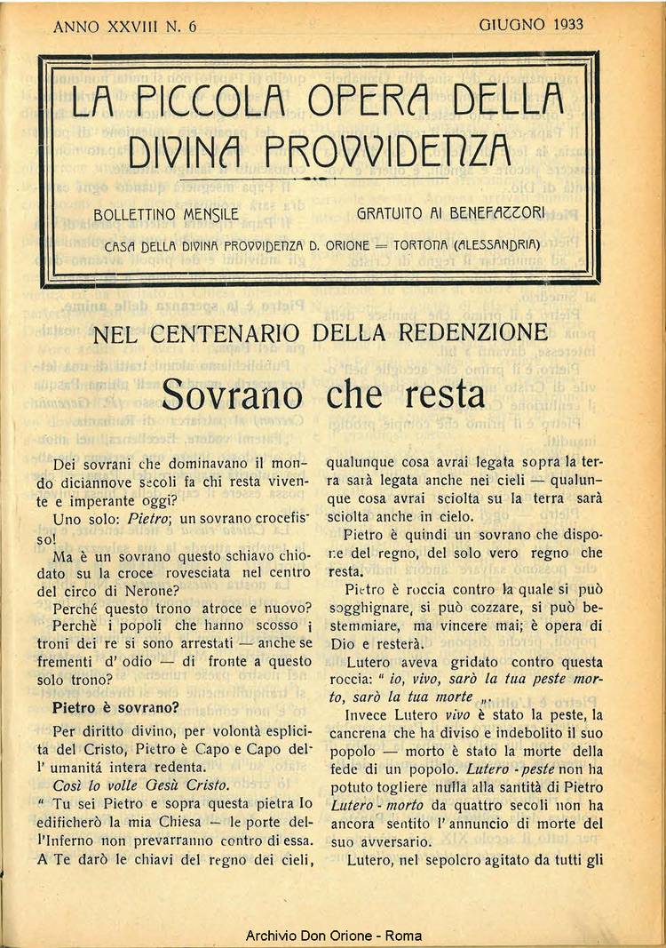 La piccola Opera della Divina Provvidenza, 28, 06, 01-06-1933, pagina 1