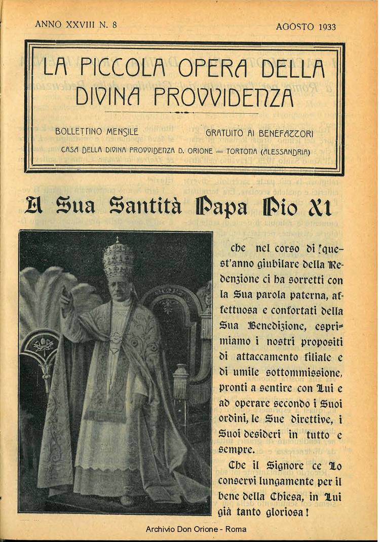 La piccola Opera della Divina Provvidenza, 28, 08, 01-08-1933, pagina 1