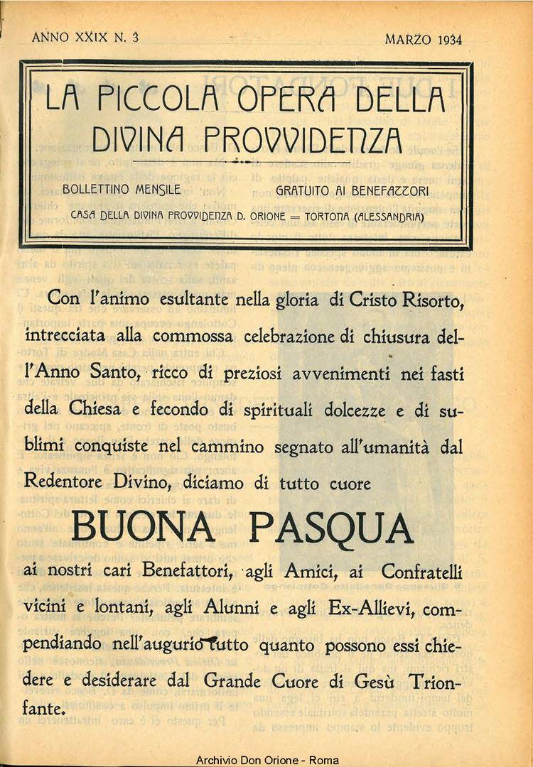 La piccola Opera della Divina Provvidenza, 29, 03, 01-03-1934, pagina 1