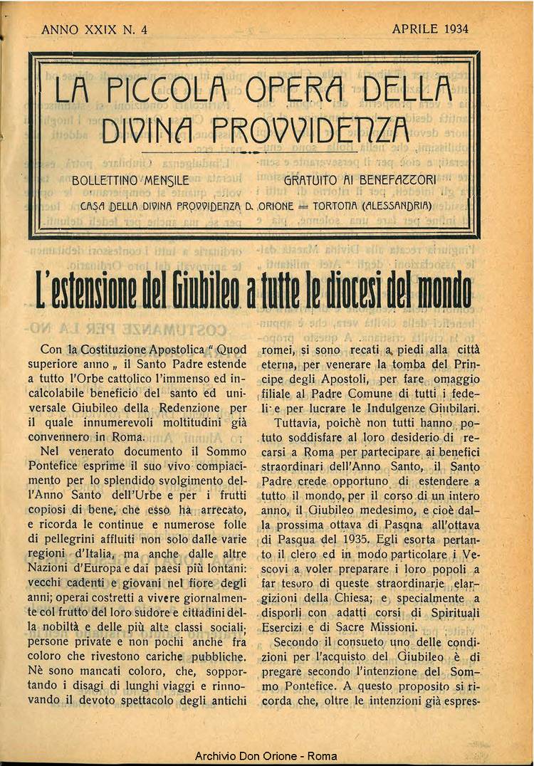 La piccola Opera della Divina Provvidenza, 29, 04, 01-04-1934, pagina 1