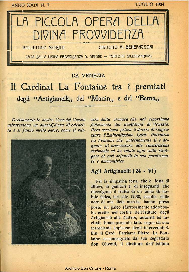 La piccola Opera della Divina Provvidenza, 29, 07, 01-07-1934, pagina 1