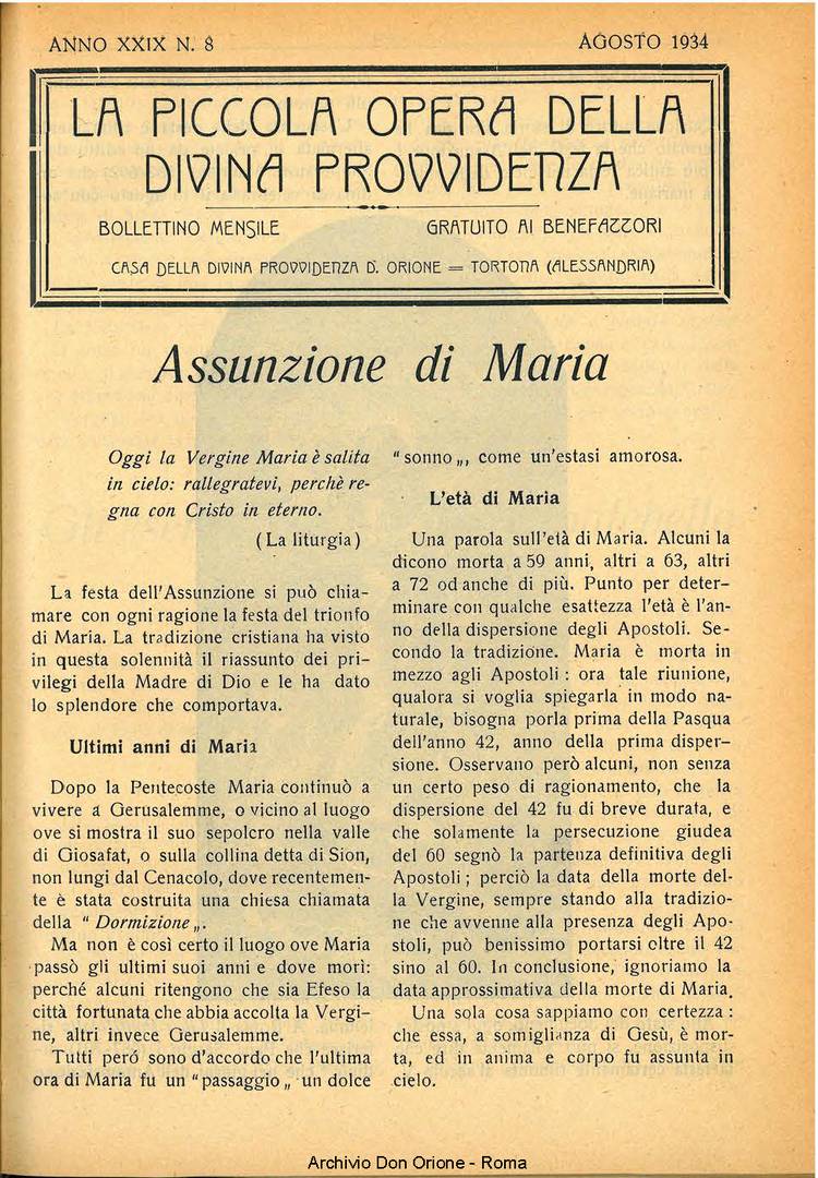 La piccola Opera della Divina Provvidenza, 29, 08, 01-08-1934, pagina 1