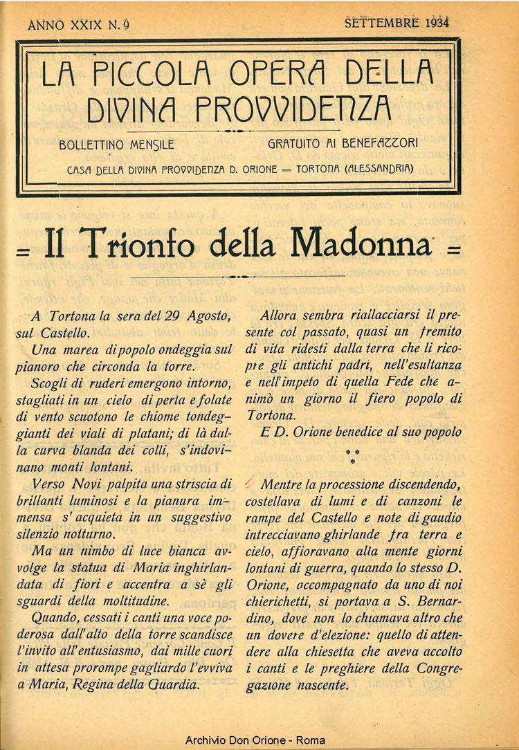 La piccola Opera della Divina Provvidenza, 29, 09, 01-09-1934, pagina 1