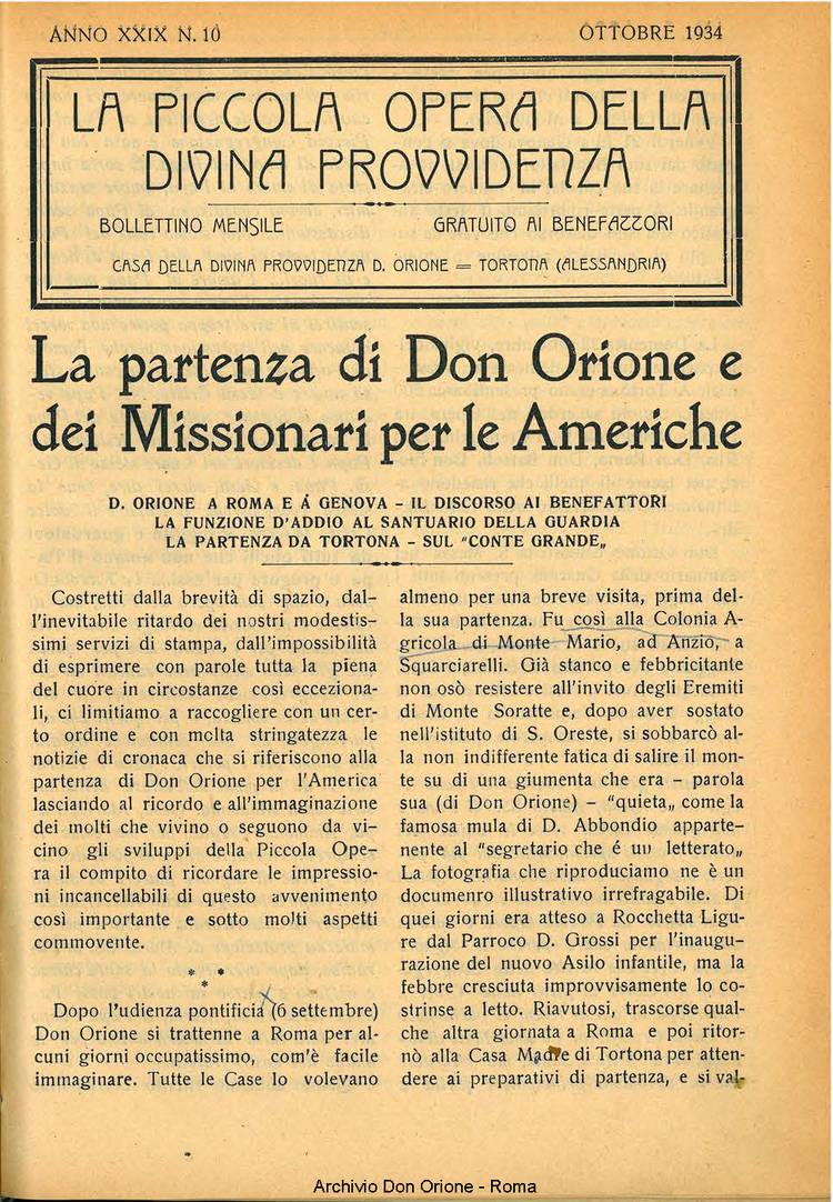 La piccola Opera della Divina Provvidenza, 29, 10, 01-10-1934, pagina 1