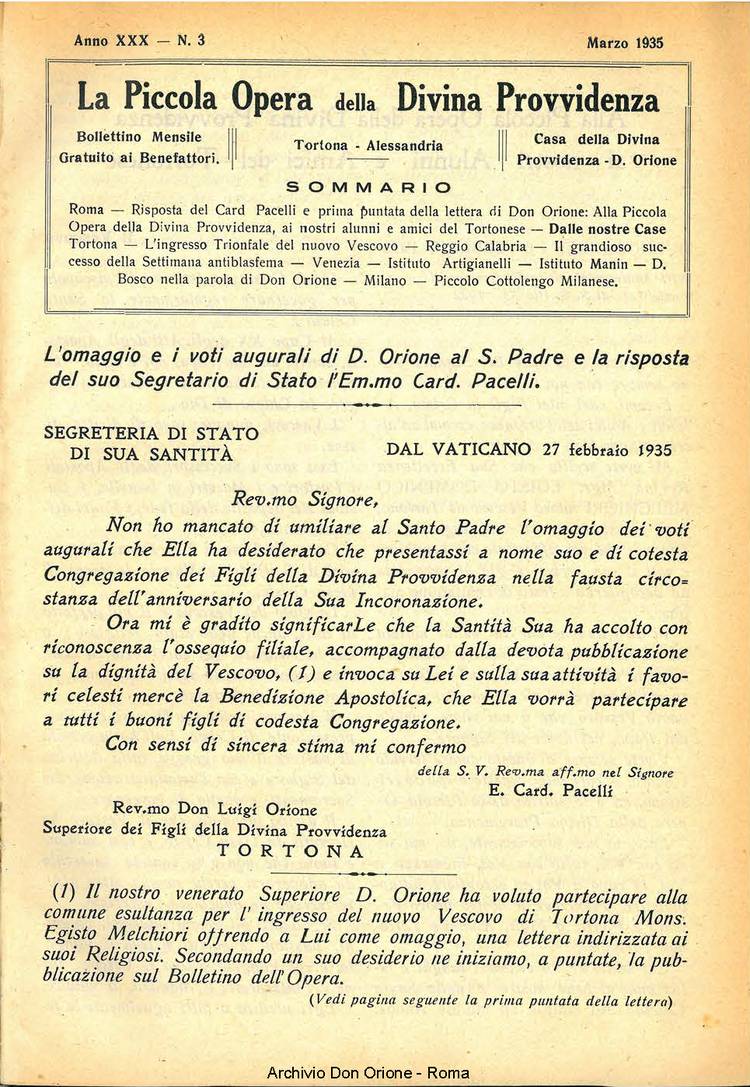 La piccola Opera della Divina Provvidenza, 30, 03, 01-03-1935, pagina 1
