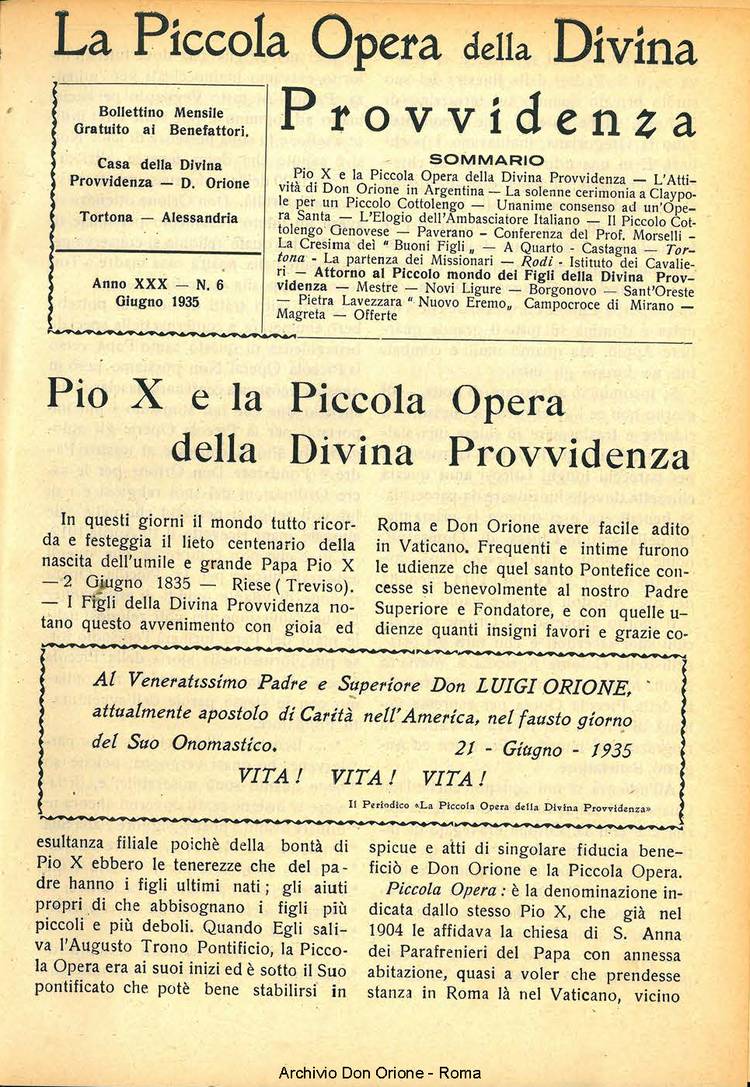 La piccola Opera della Divina Provvidenza, 30, 06, 01-06-1935, pagina 1