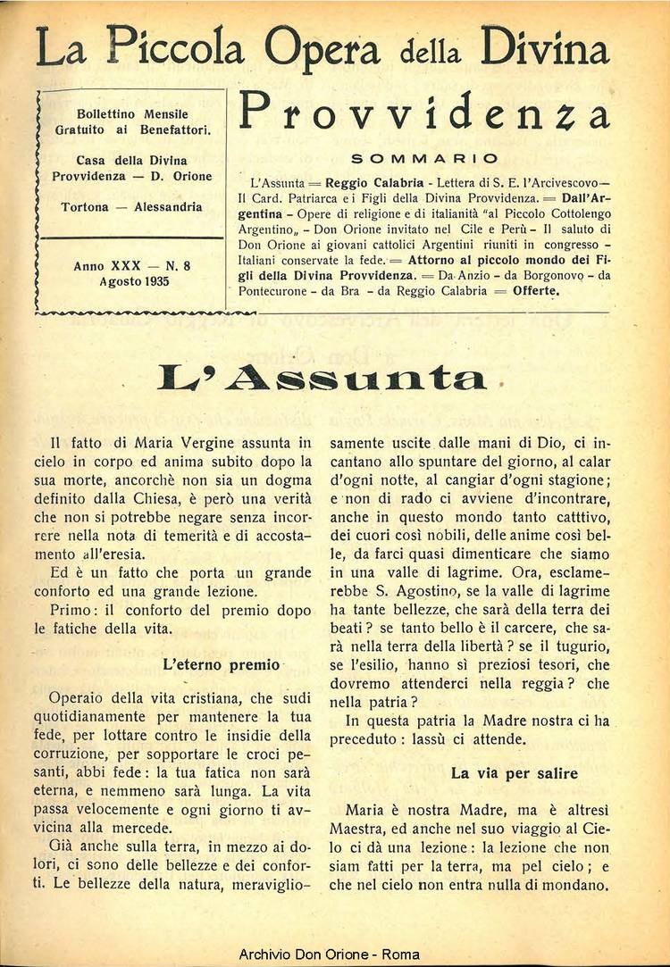 La piccola Opera della Divina Provvidenza, 30, 08, 01-08-1935, pagina 1