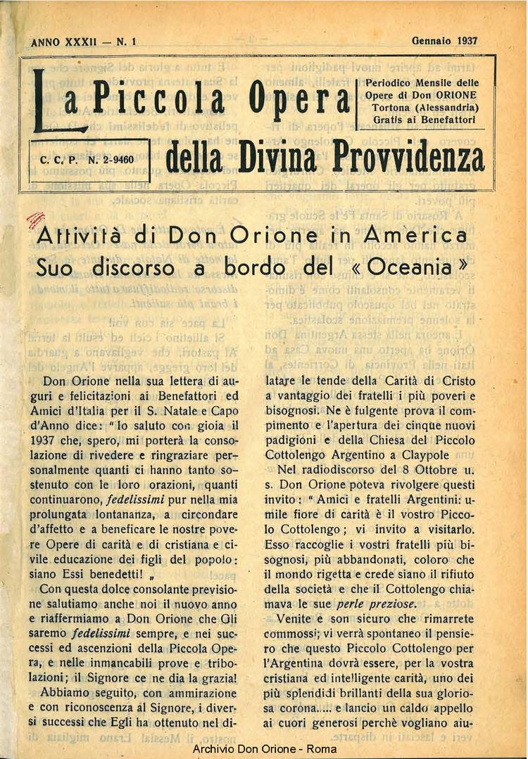 La piccola Opera della Divina Provvidenza, 32, 01, 01-01-1937, pagina 1