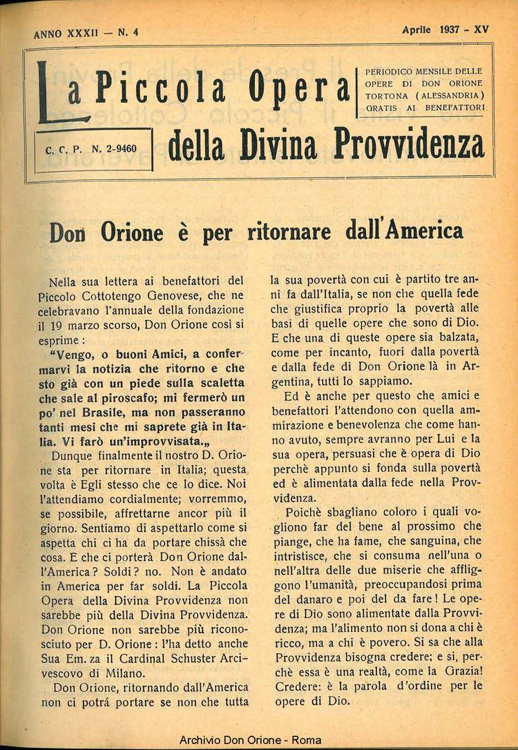 La piccola Opera della Divina Provvidenza, 32, 04, 01-04-1937, pagina 1