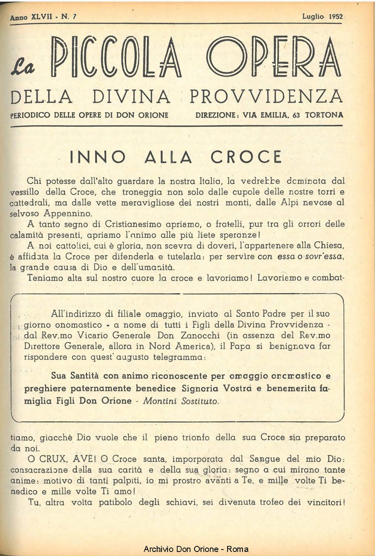 La piccola Opera della Divina Provvidenza, 47, 07, 01-07-1952, pagina 1