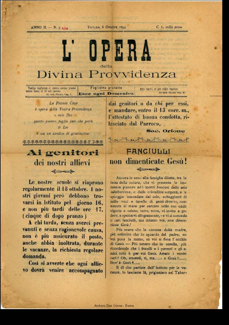L'opera della Divina Provvidenza, 2, 9bis, 08-10-1899, pagina 1