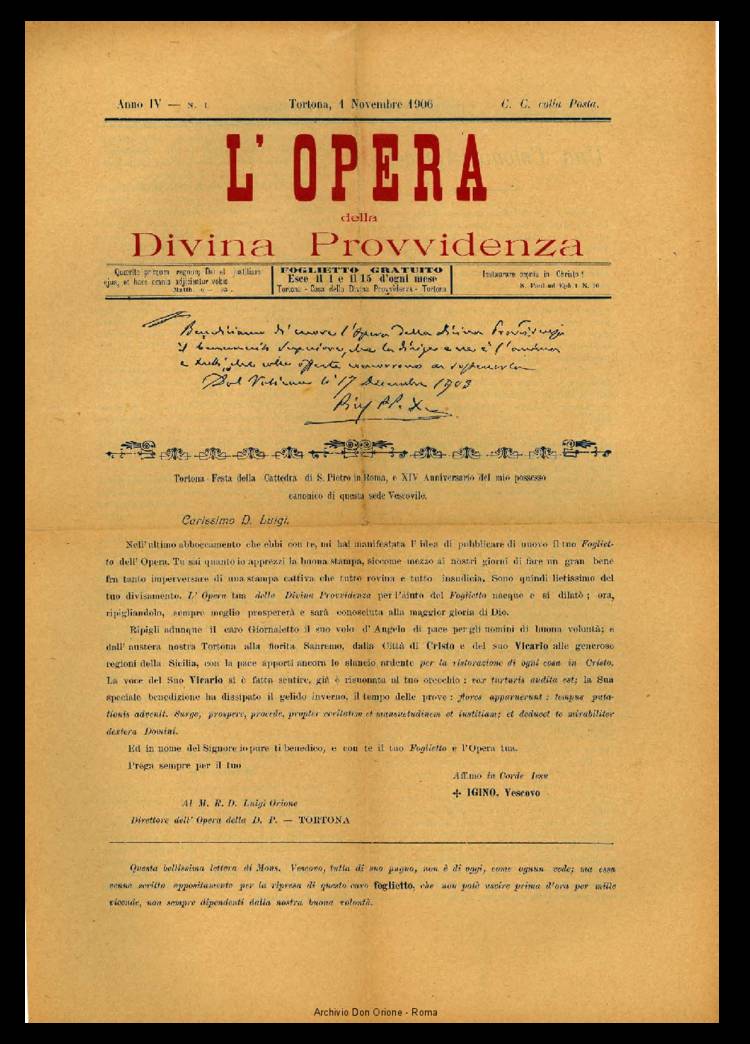 L'opera della Divina Provvidenza, 4, 1, 01-02-1906, pagina 1
