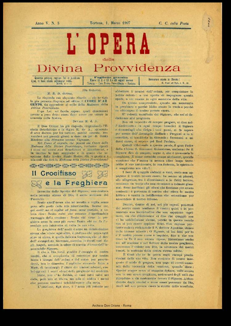 L'opera della Divina Provvidenza, 5, 3, 01-03-1907, pagina 1