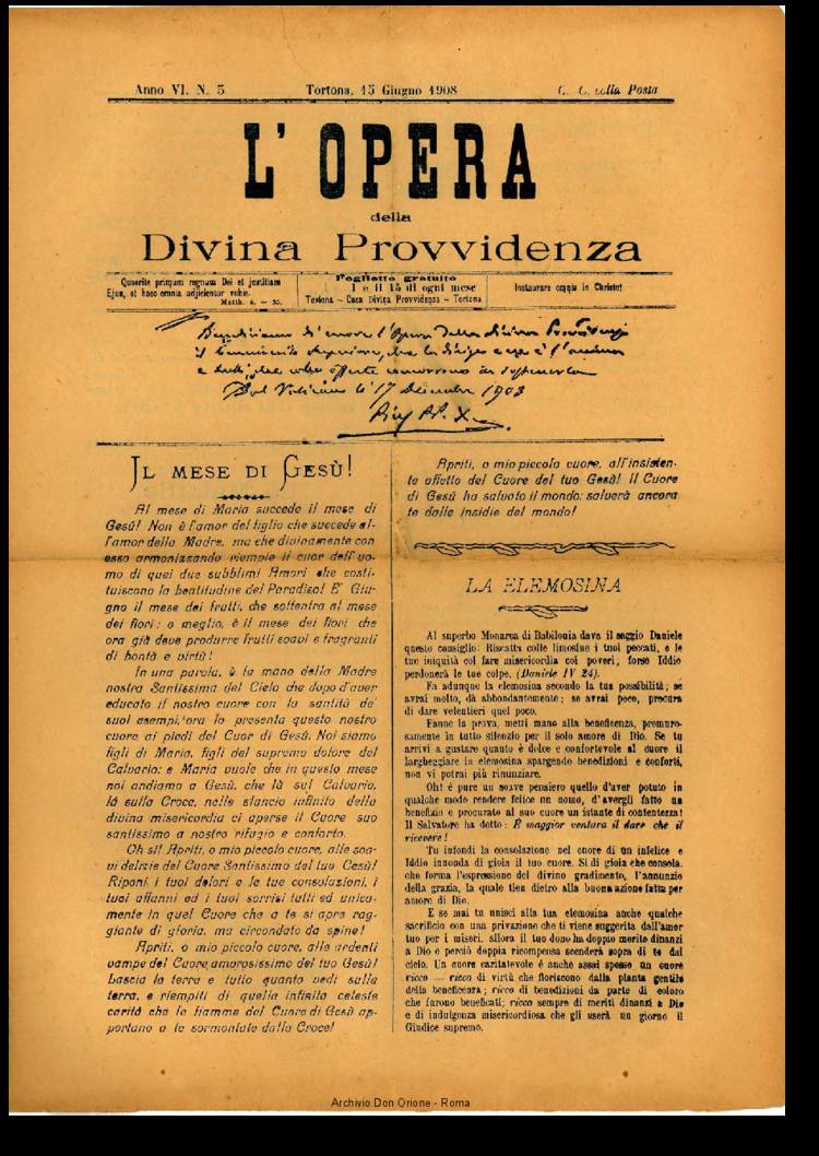 L'opera della Divina Provvidenza, 6, 05, 15-06-1908, pagina 1