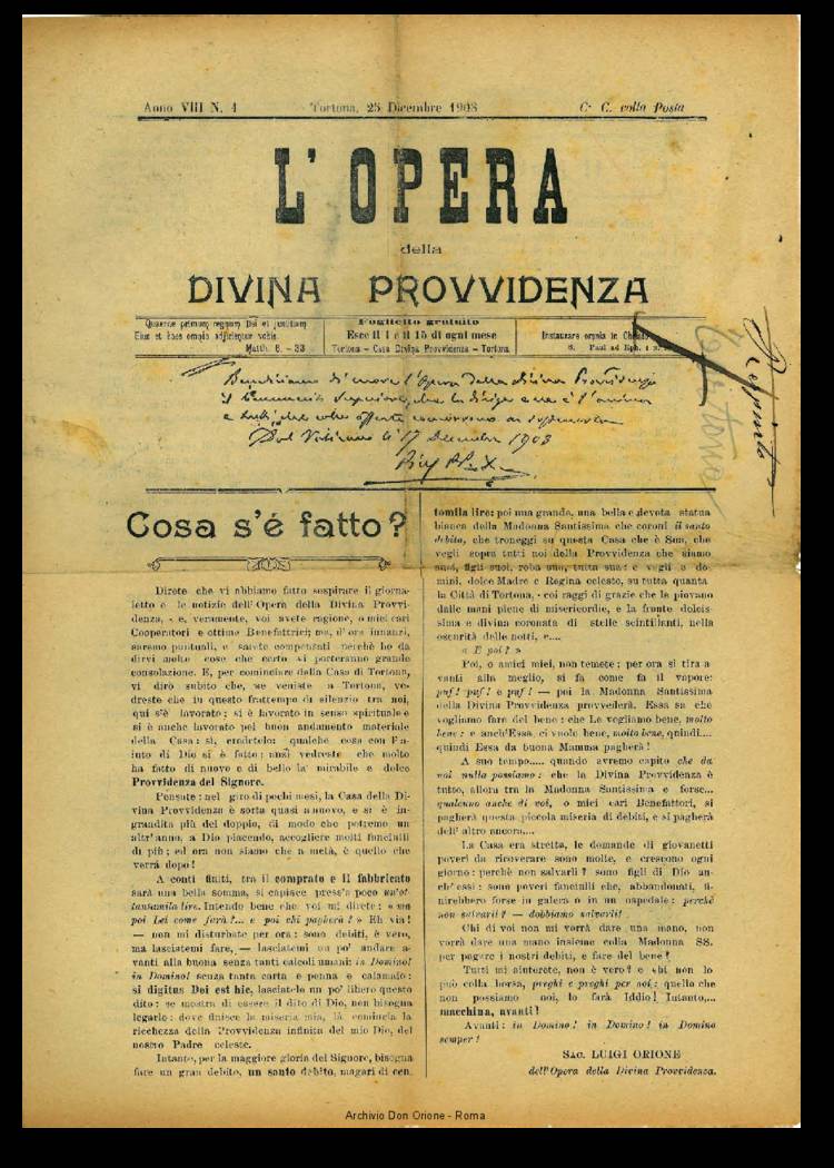 L'opera della Divina Provvidenza, 8, 01, 24-12-1908, pagina 1