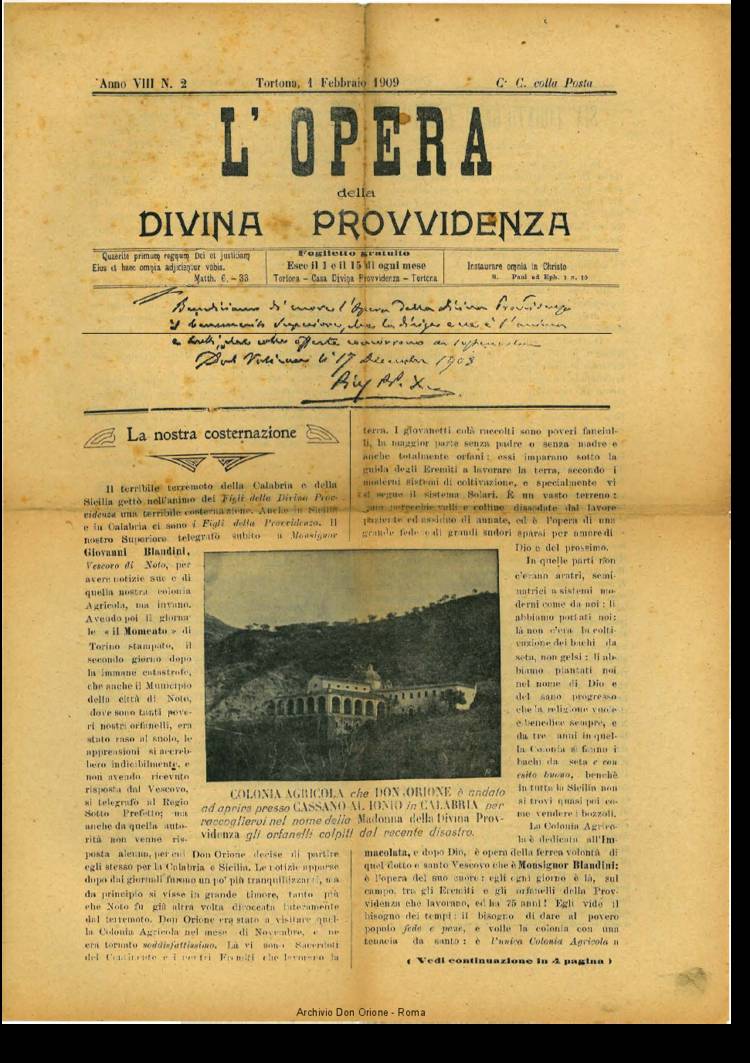 L'opera della Divina Provvidenza, 8, 02, 01-02-1909, pagina 1