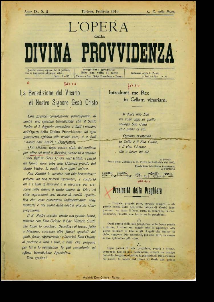 L'opera della Divina Provvidenza, 9, 02, 01-02-1910, pagina 1