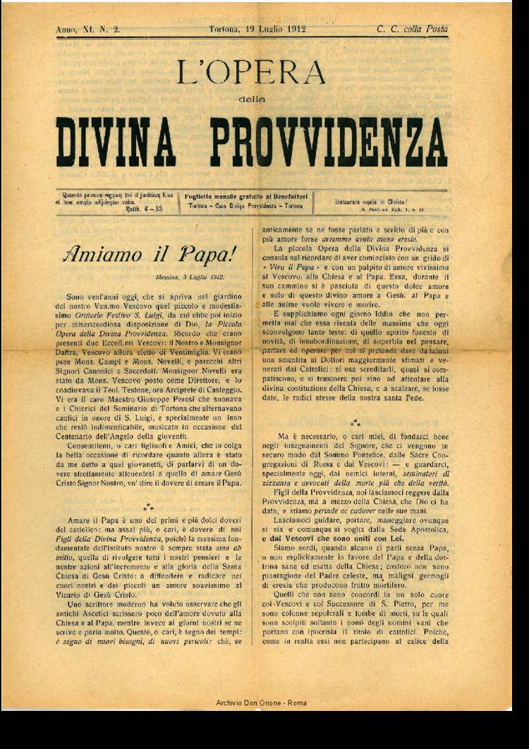 L'opera della Divina Provvidenza, 11, 02, 19-07-1912, pagina 1