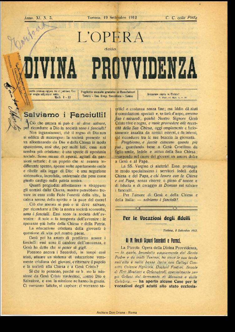 L'opera della Divina Provvidenza, 11, 03, 19-09-1912, pagina 1
