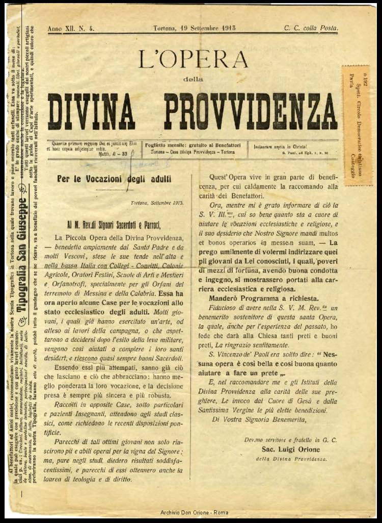 L'opera della Divina Provvidenza, 12, 04, 19-09-1913, pagina 1