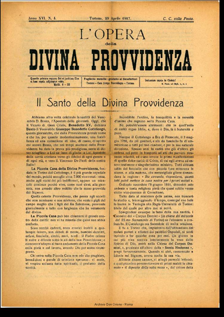 L'opera della Divina Provvidenza, 16, 04, 29-04-1917, pagina 1