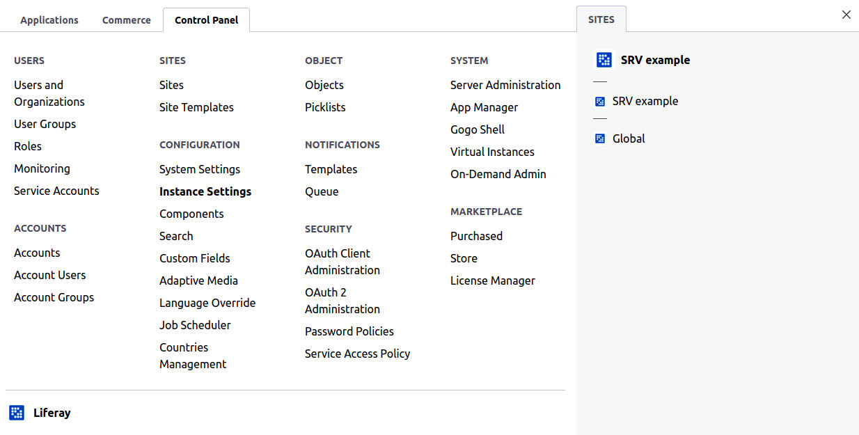 Menu globale, impostazione instanza