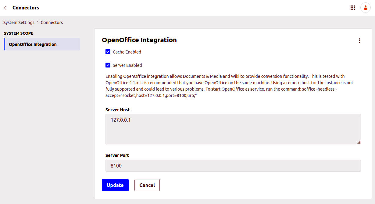 Pagina impostazione dell'integrazione con OpenOffice-LibreOffice
